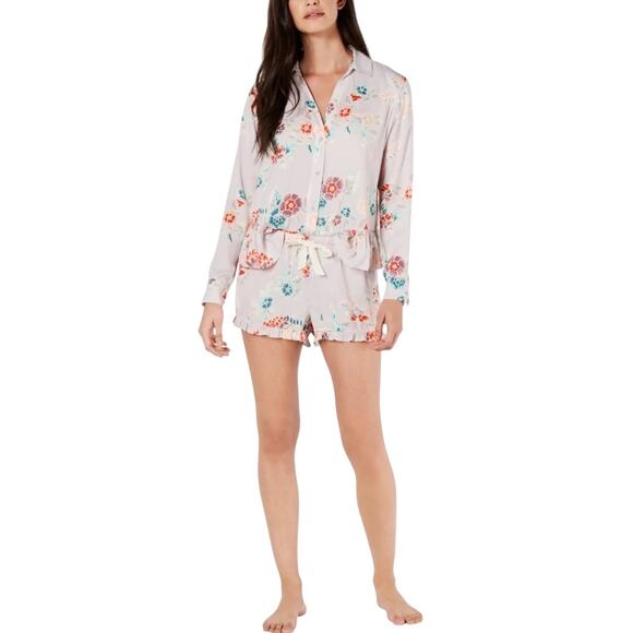 Josie Natori Lotus Bouquet Floral Pajama Set Medium Long Sleeve Shorts Ruffle - Picture 1 of 10